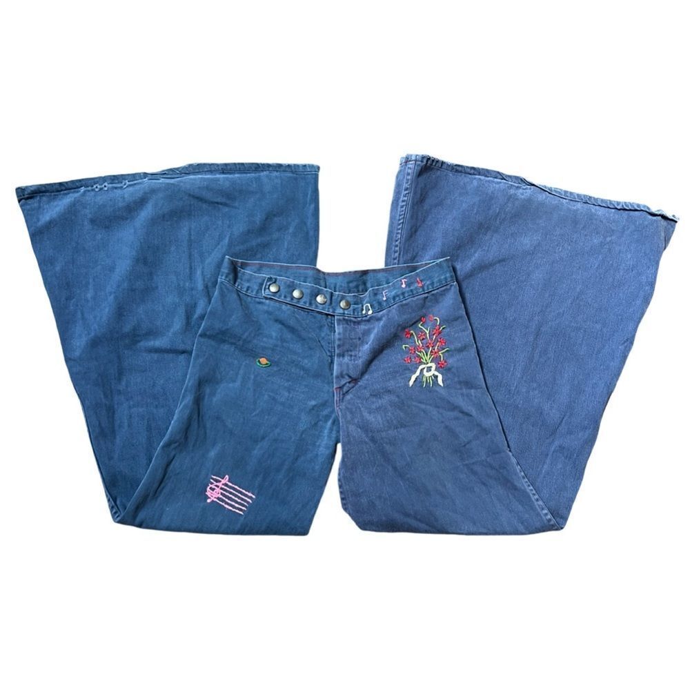 Vintage 1970s One of a Kind Hand Embroidered Extreme Flare Bell Bottom Pants - Picture 4 of 10